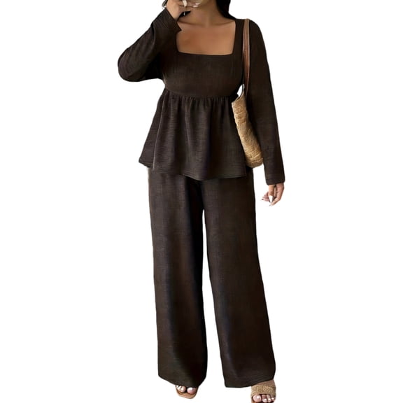 adaychics 2 Piece Outfits for Women Square Neck Long Sleeve Peplum Blouses Matching Wide Leg Pants Sets for Travel