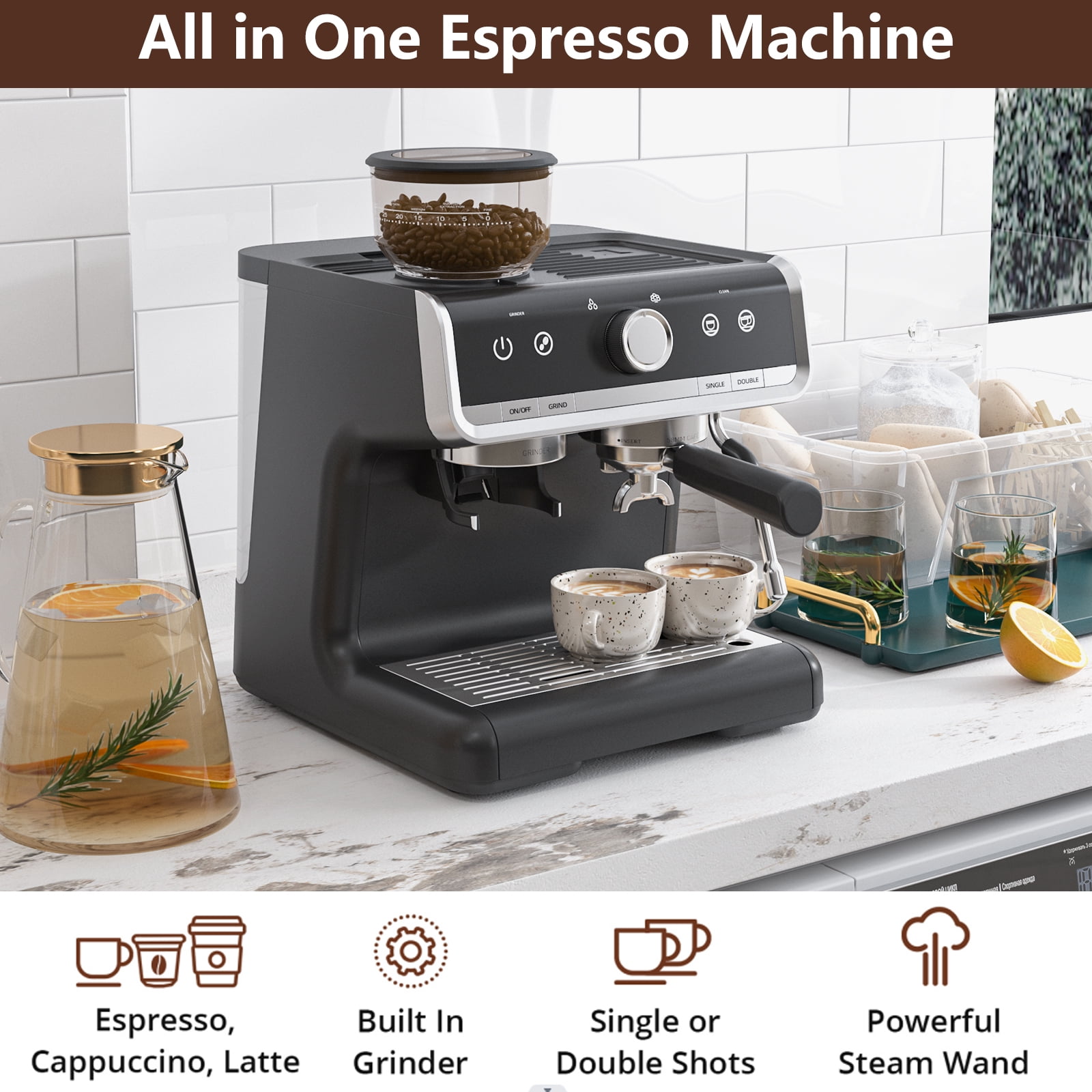 Home Semi Automatic Espresso Machine, 20 Bar Professional Espresso Maker with Milk Frother Steam Wand and 95oz Water Tank, Stainless Steel Latte Cappuccino Coffee Maker for Home