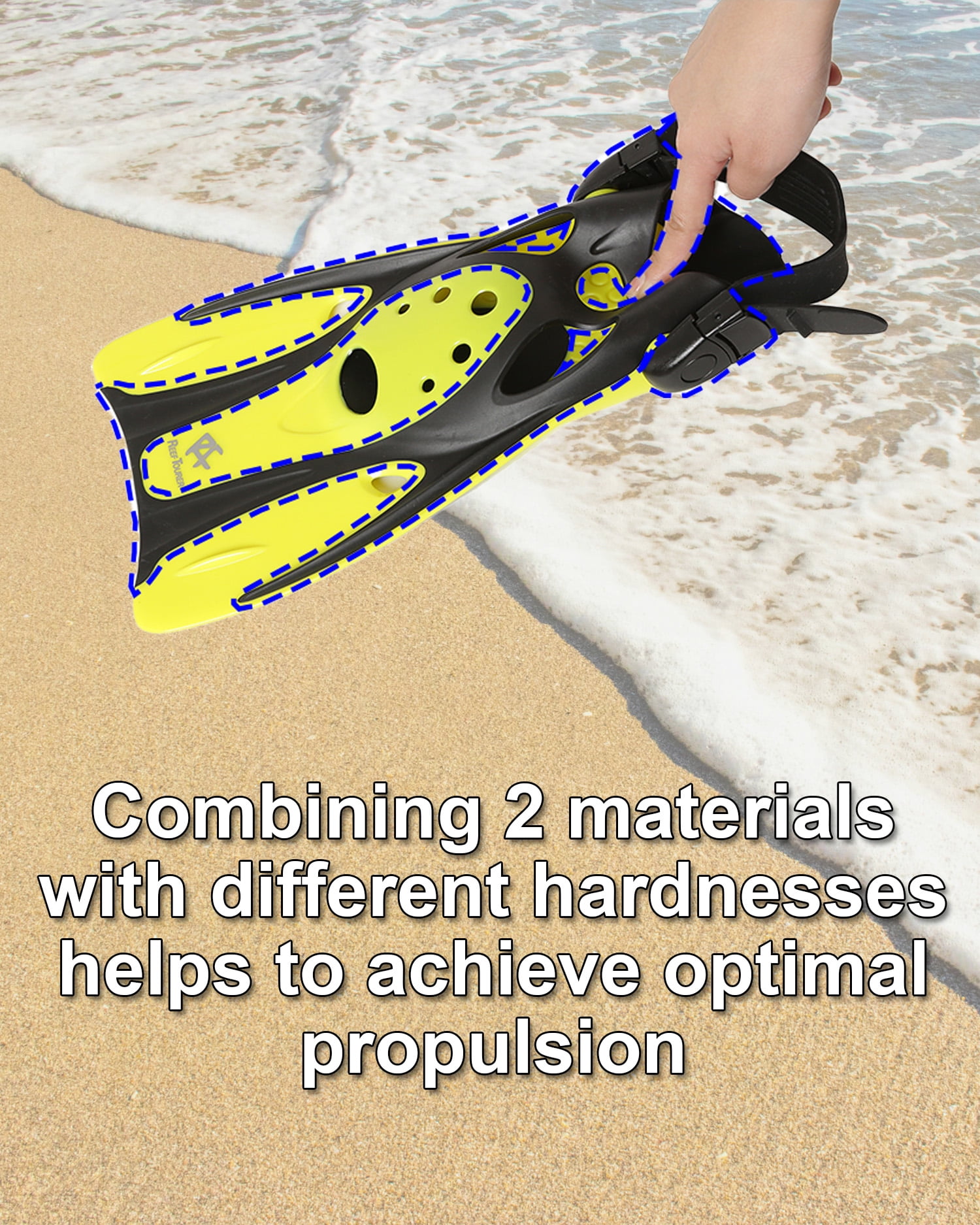 Reef Tourer Snorkel Fins for Kids and Adults, Adjustable Open Heel, Compact Short Blade Swimming Snorkeling Flippers, Travel Size, RF0106P, Blue, Large