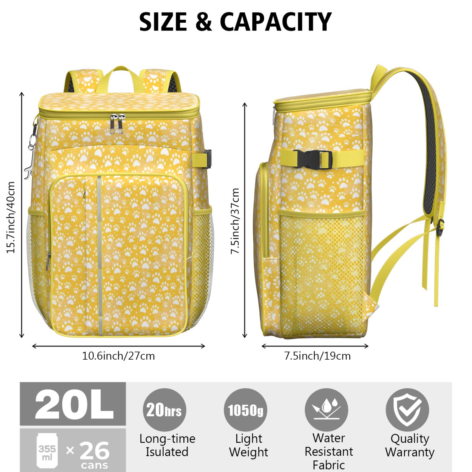 Travel Cooler Bag - Yellow Dog Paw Footprint Camping Beer Cooler Backpack with Bottle Opener- Waterproof Insulated Picnic Backpacks - Cooler Bag for Beach