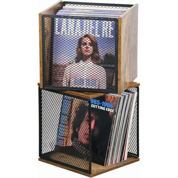 2 Pack Vinyl Record Storage, 100-120 Records Vinyl Crate, Stackable Record Holder for 7"-12" Records, Cube Storage Box for Book & Toys, Rustic Brown