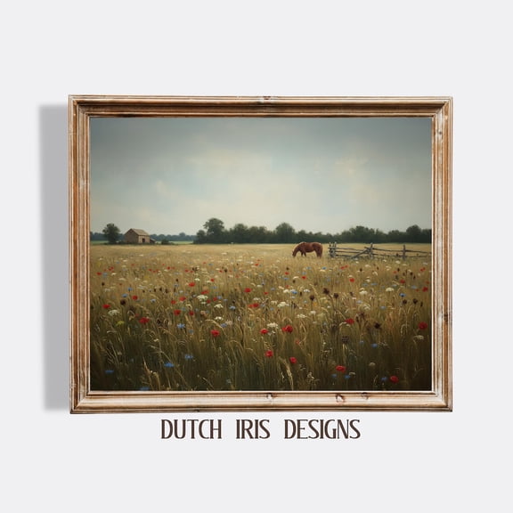 Rustic Field With Wildflowers Wall Art, Cottagecore Landscape, Horse In Meadow, Vintage Decor, Country Charm 923 Home Decor #1601, Unframed Poster Size 8x12