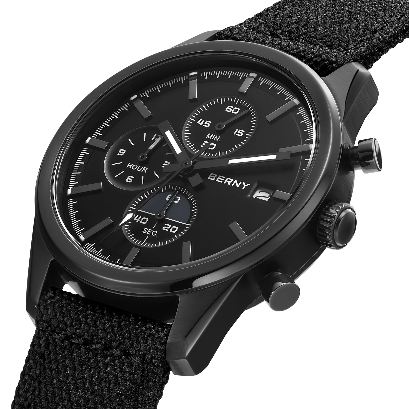 BERNY Mens Watches Analog Quartz Chronograph Watch with Date Canvas Strap Luminous Sapphire Crystal Luxury Fashion Business Casual 50M Waterproof Wrist Watches for Men (Black)