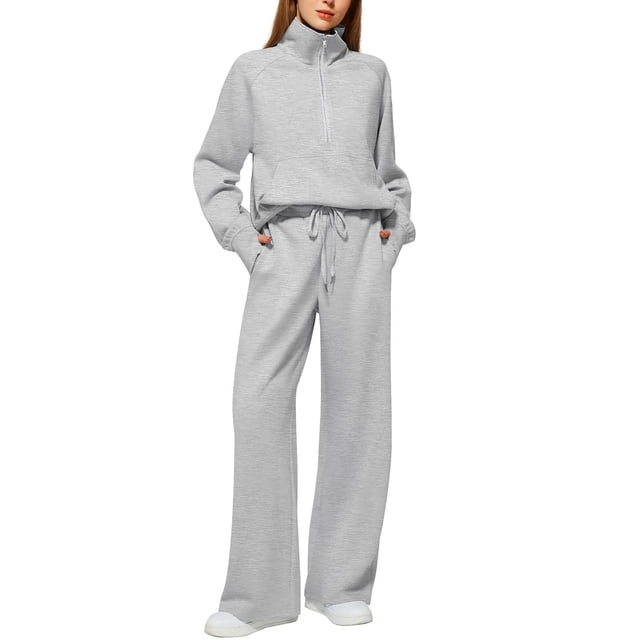 Women's Fall Matching Set - Half Zip Sweatshirt & Wide Leg Sweatpants - Casual Oversized Outfit S-XXL