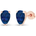 thumbnail image 2 of Decadence Rose Gold Plated 925 Sterling Silver 7x5mm Pear Cut Created Blue Sapphire September Birthstone Screwback Stud Earrings, 2 of 7