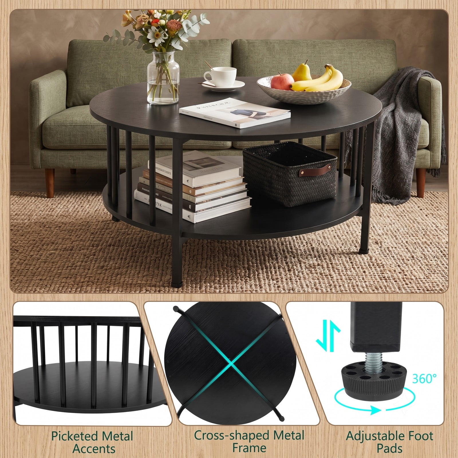 Furnibear 2-Tier Round Coffee Table with Storage Shelf, Engineered Wood Center Table with Metal Cross Frame and Picket Accents for Living Room, Black Walnut / Black
