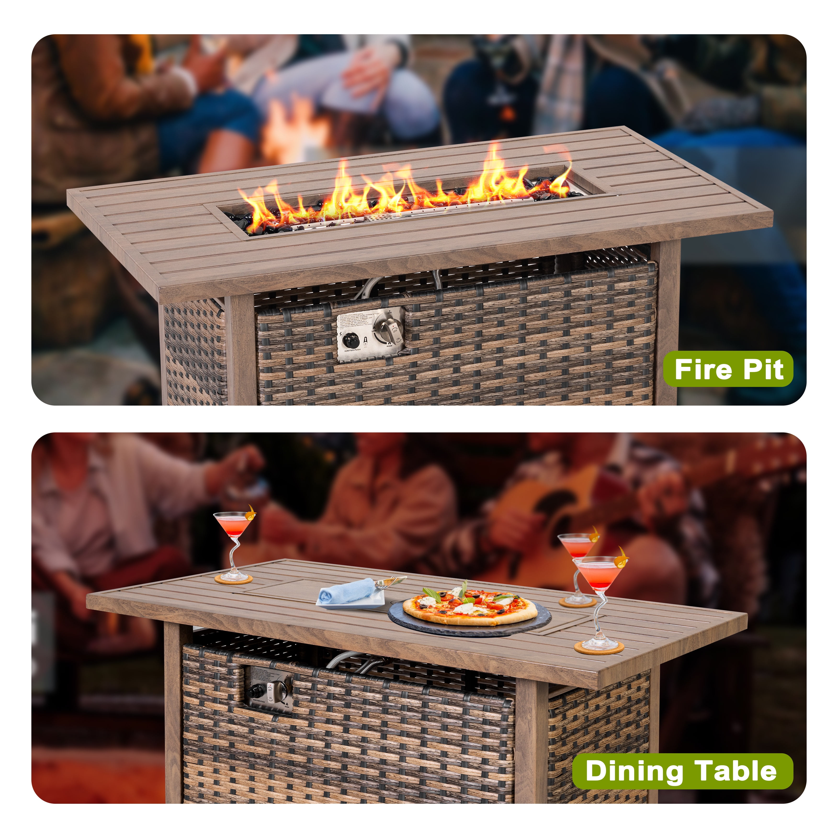 Nuu Garden 43'' Propane Gas Fire Pit with Glass Wind Guard, Rattan Outdoor Fire Pit Table 50,000 BTU Smokeless with Lid and Glass Beads, All-Metal Frame Patio Fire Pit Table , Brown