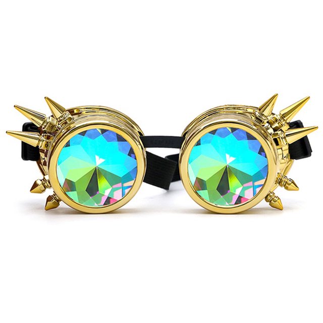 C.F.GOGGLE Rivet Kaleidoscope Rave Rainbow Crystal Lenses Steampunk Goggles, Black/ Copper/ Brass
