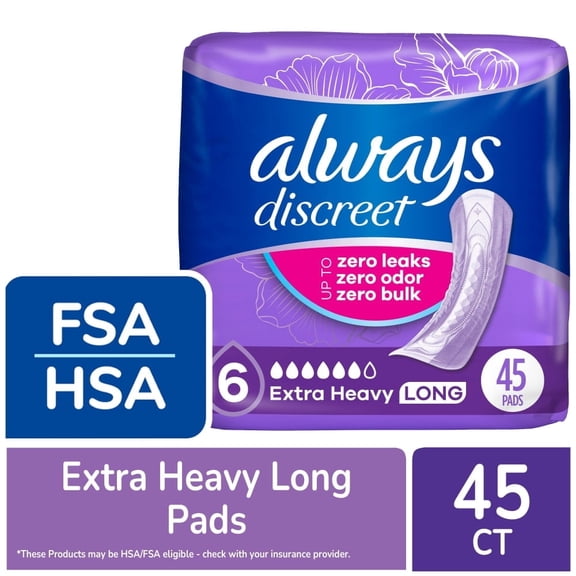 Pack of 2 Always Discreet Adult Incontinence Pads for Women Extra Heavy Absorbency Long Length, 45 count (Package May Vary)