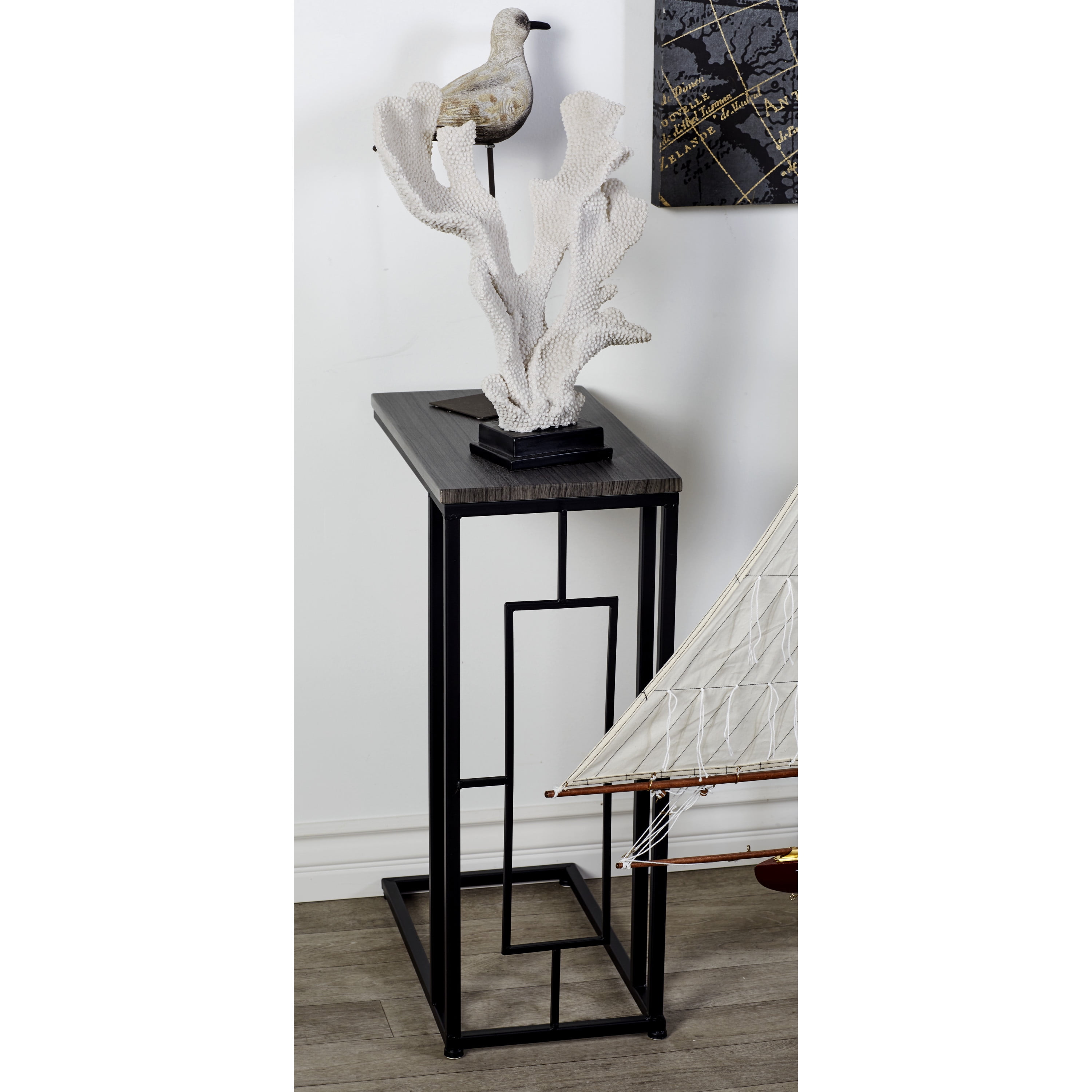 DecMode 19" x 26" Dark Brown Wood C-Shaped Accent Table with Black Metal Base, 1-Piece