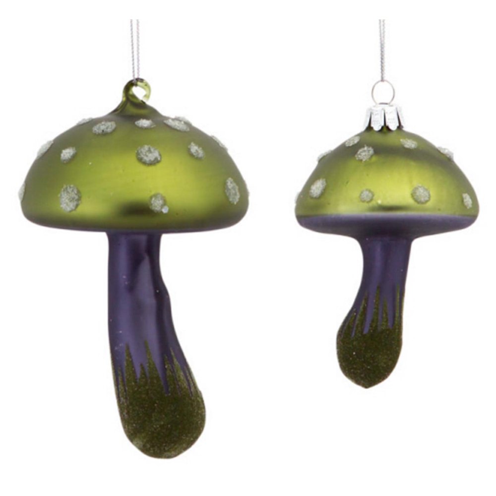 Club Pack of 12 Purple and Green Whimsical Glass Mushroom Christmas