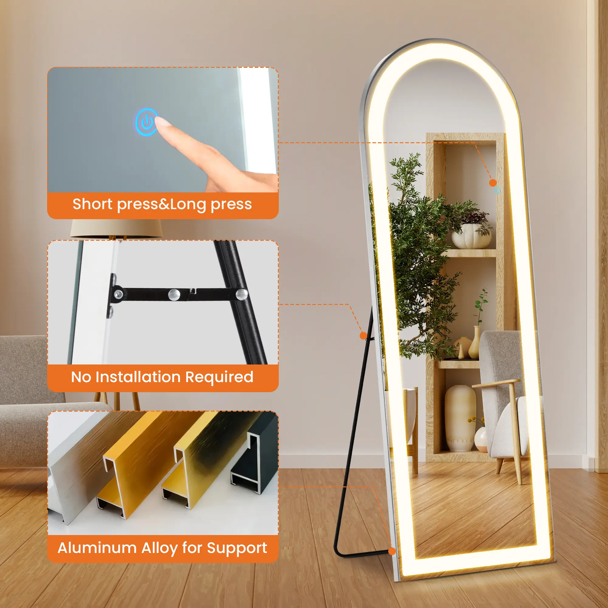 Aukfa 63" x 20" LED Full Length Mirror, Wall Mounted Floor Standing with Touch Control & 3-Color Dimmable Lights