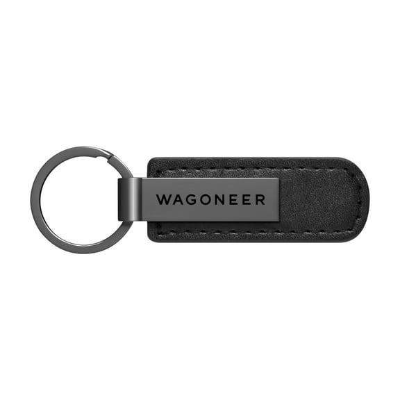 iPick Image for Jeep Wagoneer Gunmetal Gray Metal Plate Black Leather Strap Key Chain, Official Licensed