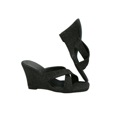 

Woobling Ladies Wedge Sandals Beach Slippers Cross Strap Sandal Womens Shoes Fashion Slides Summer Casual Black 5.5