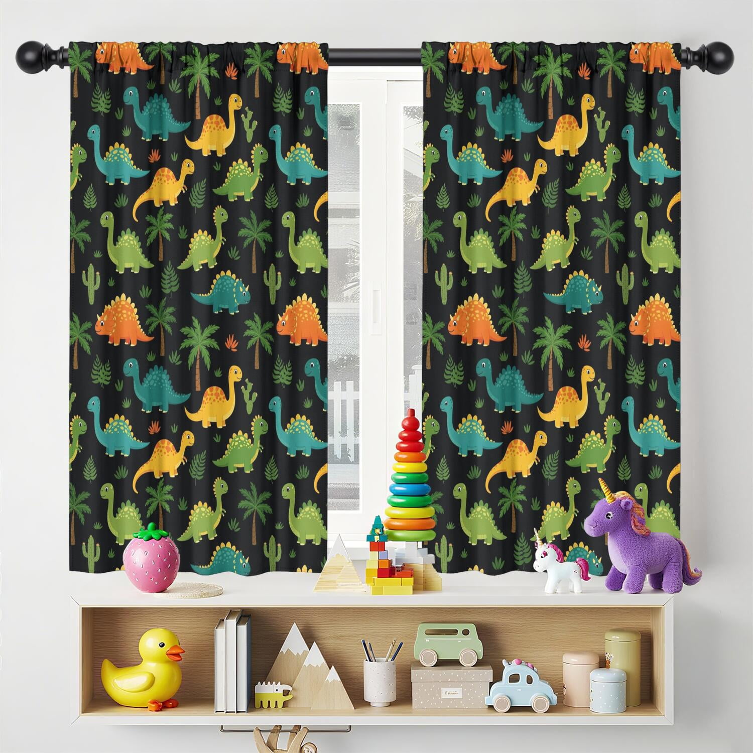 Blackout Kids Curtains,Black Colorful Dinosaurs Pattern Childrens Insulated Curtains Set Of 2,Bedroom Essentials,Toddler Room Decor 42"x54"