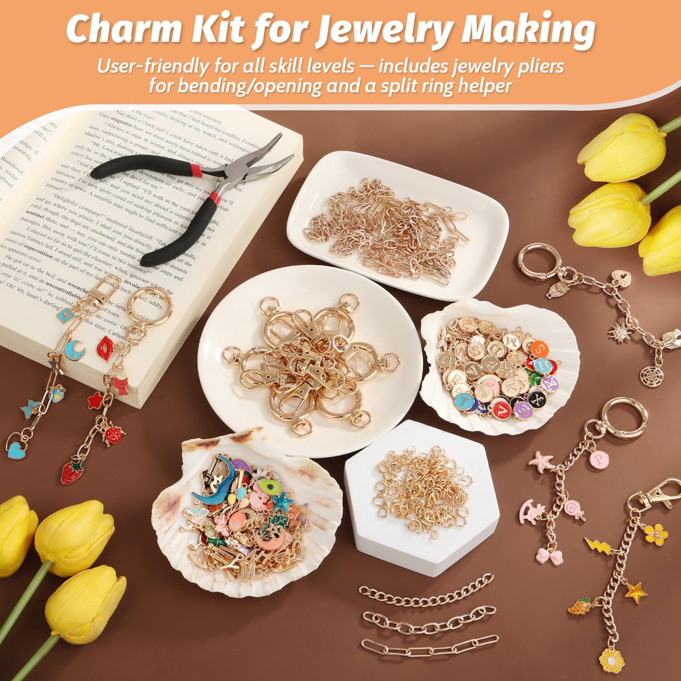 500Pcs Lip Gloss Keychain Making Kit with Charms, DIY Bag Charm Kit Including Key Chain Hooks, Jump Rings, Lobster Clasps & Tools, Gold Enamel Craft Making Supplies for Adults Teens Gifts