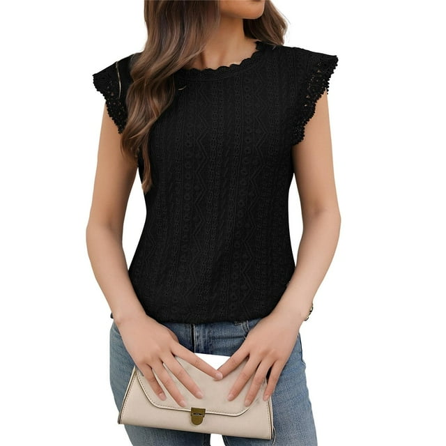 Blusa de Encaje con Escote Alto para Mujer, Talla L, Color Negro