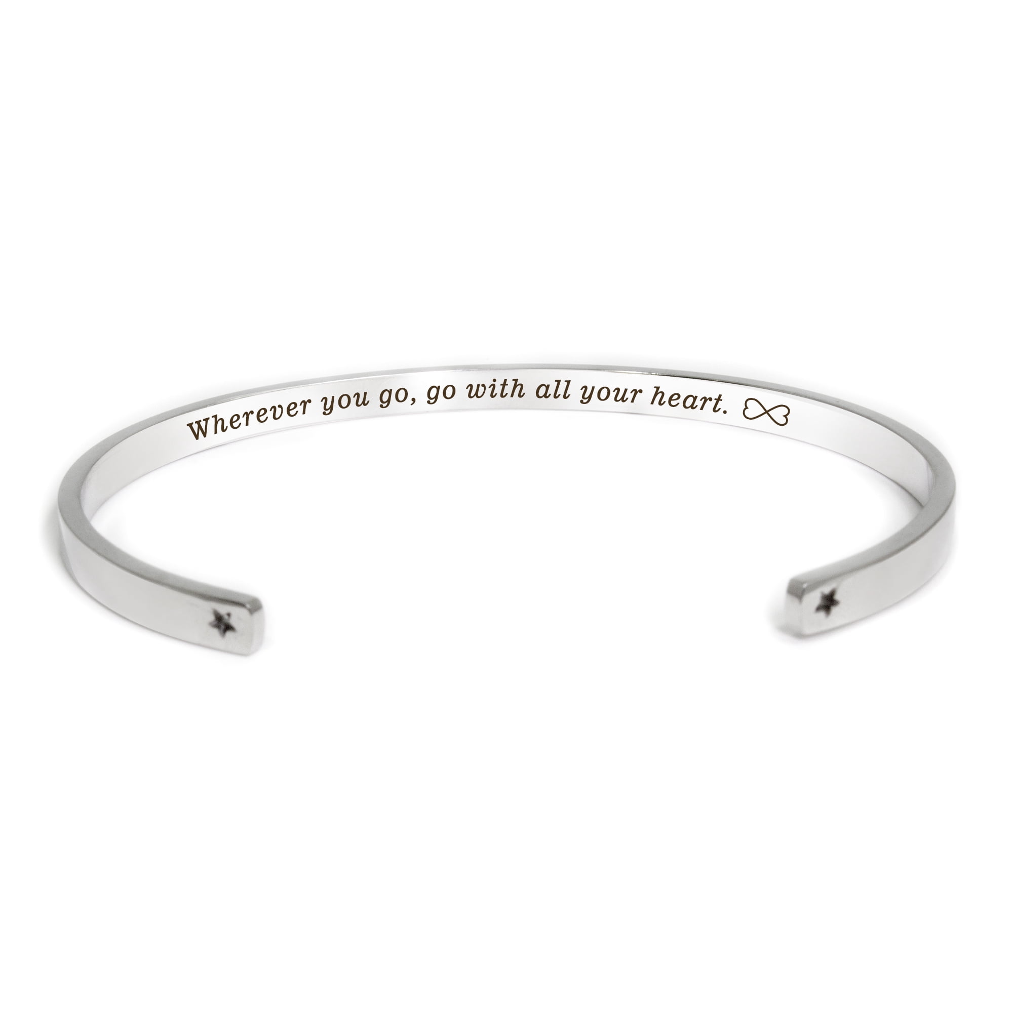 "Wherever you go…" Silver Stainless Steel Graduation Theme Hidden Message Gift for Her Cuff Bracelet with Gift Set