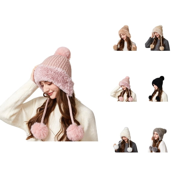 Women Ear Flap Tie Beanie - Plush Triple Pom Pom Knit Hat, Windproof Warm Stocking Stuffers, Outdoor Winter Gifts For Girls Teen Girls Christmas