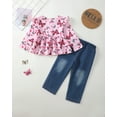 thumbnail image 4 of KIMI BEAR 3T Toddler Girls Winter Outfits 4T Kids Casual Clothes Set Ruffle Long Sleeves Pullover Top Butterfly Print Tops Ripped Jeans Denim Pants Set 2pcs Clothing Pink, 4 of 10