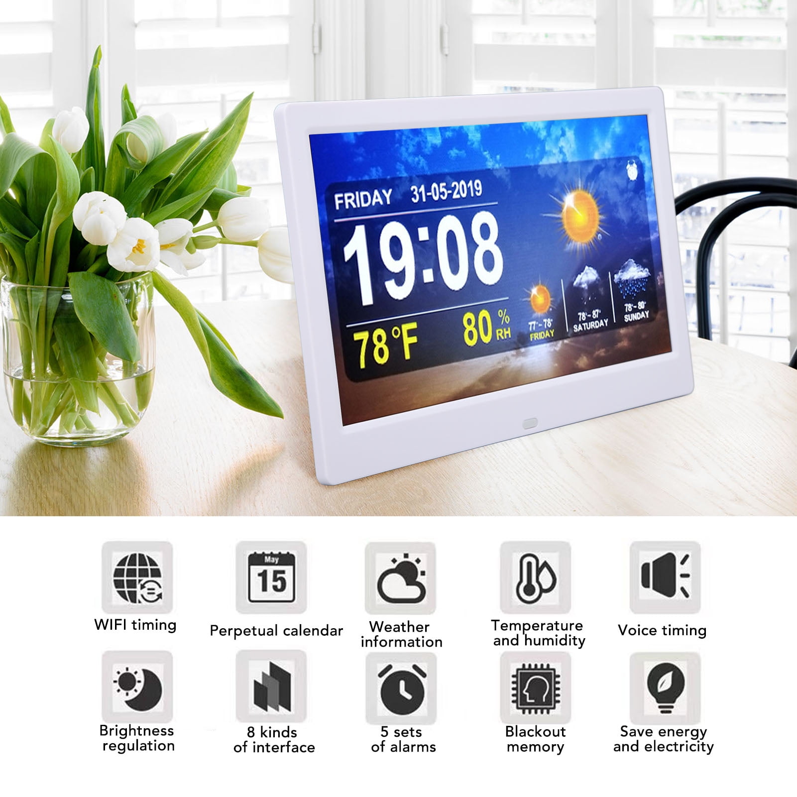 Digital Weather Clock With 10 Inch Large Screen Display, Calendar Alarm Day Clock  With Automatic Dimming Background Music Or Videos Customization Best Clock For Seniors