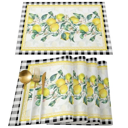 

dosili Lemon Idyllic Plaid Fruit Kitchen Dining Table Decor Accessories 4/6pcs Placemat Heat Resistant Linen Tableware Pads Mats