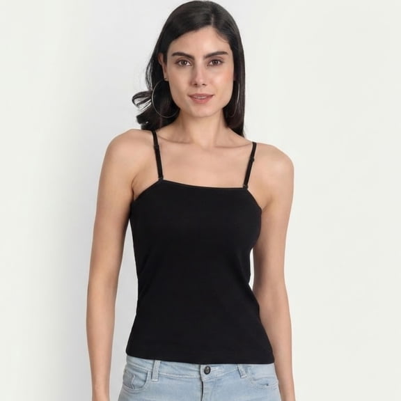 Women's Cotton Camisole Tank Top with Adjustable Spaghetti Straps, Sleeveless Innerwear for Layering, Soft Everyday Basic Cami (Black)
