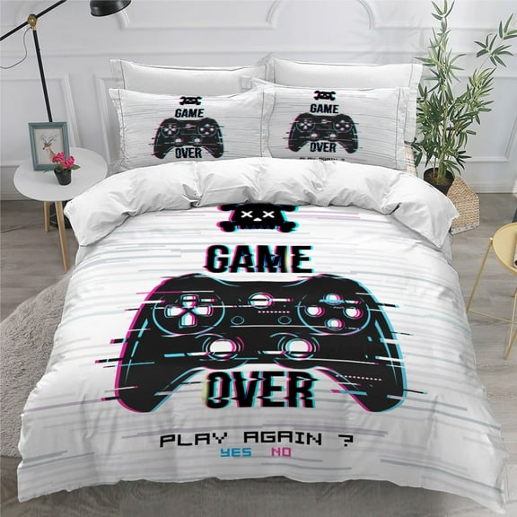 YJHDM White Game Over Bedding Set 3D Game Handle Duvet Cover Pillowcase 2/3pcs for Twin/Full Bed