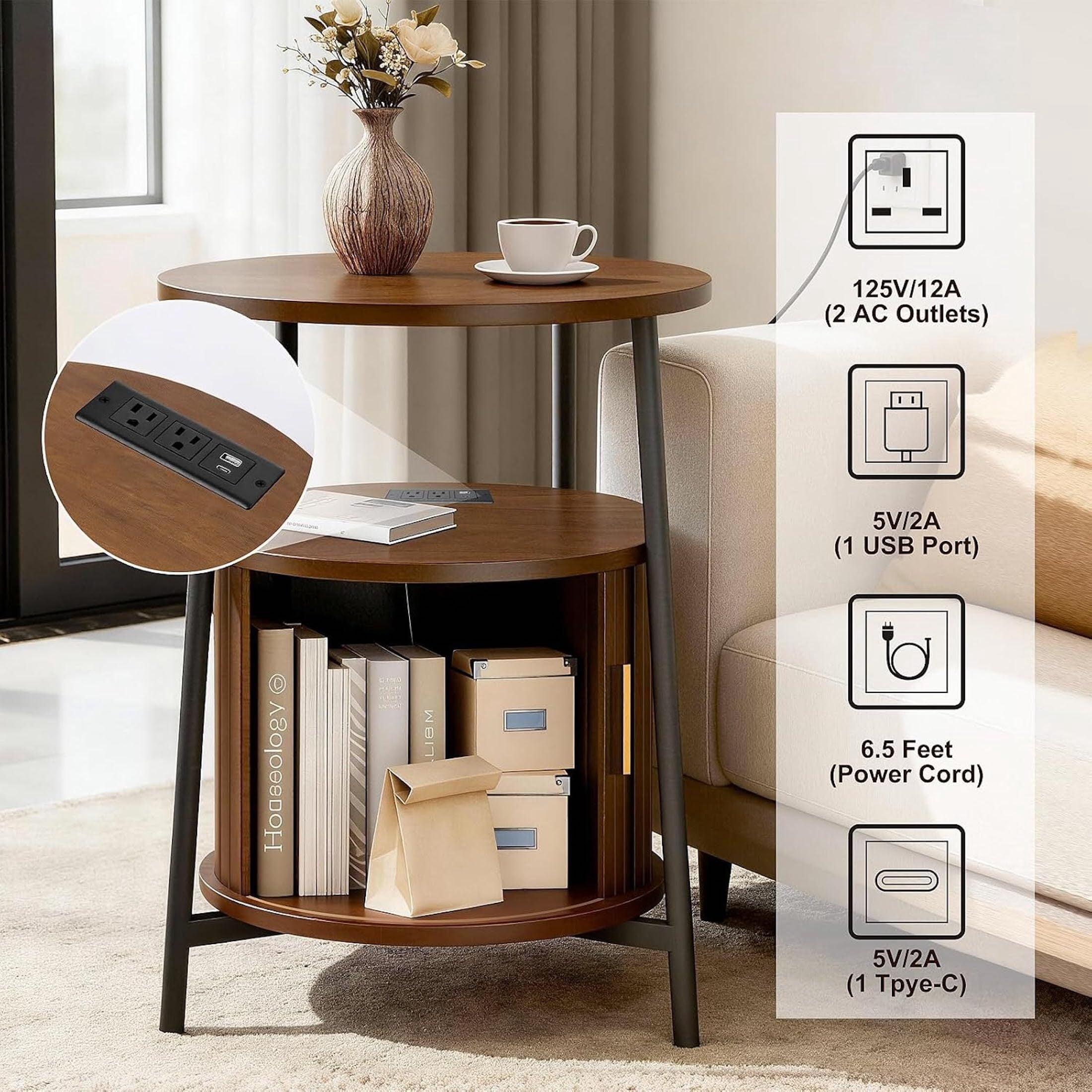 AISWORD Nightstand with Charging Station, Modern Round Bedside Table with Sliding Door Storage, Walnut, 2 Pack