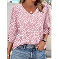 thumbnail image 4 of Womens 3/4 Sleeve Tops with Buttons V-Neck Summer Outfits Casual Shirts Beach Vacation Fall Clothes 2025 Pink Print M, 4 of 5