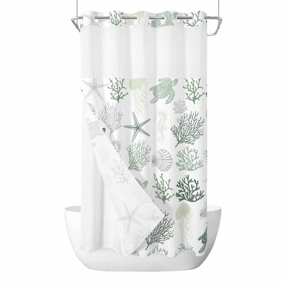 No Hook Shower Curtain, Sage Green Coastal Stall Bathroom Curtains with Snap in Liner, Nautical Summer Beach Coral Sea Turtle Waterproof Washable Fabric Shower Curtain Set, 54"W x 78"L