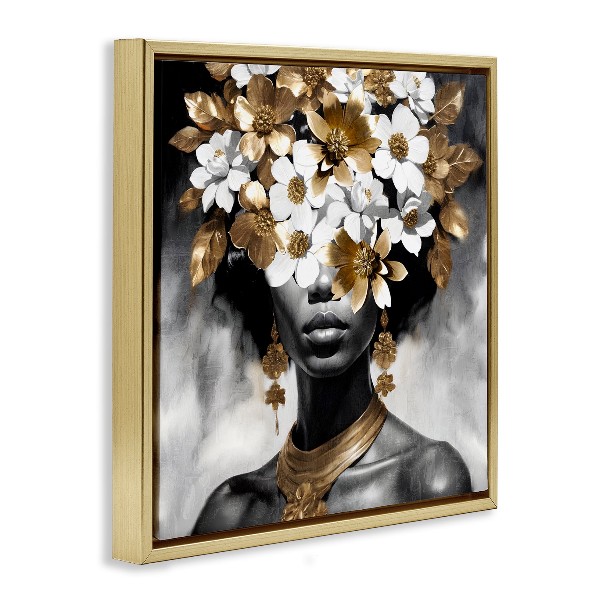 Stupell Industries Woman & Gold Flowers People Painting Gold Floater Framed Canvas Art Print Wall Art, 18 x 18