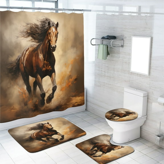 Horse 4 Pcs Shower Curtain Set Western Farm Animal Running Wildlife Bath Curtain for Bathroom Waterproof Fabric Bathroom Decor Set, 72x72 Inch