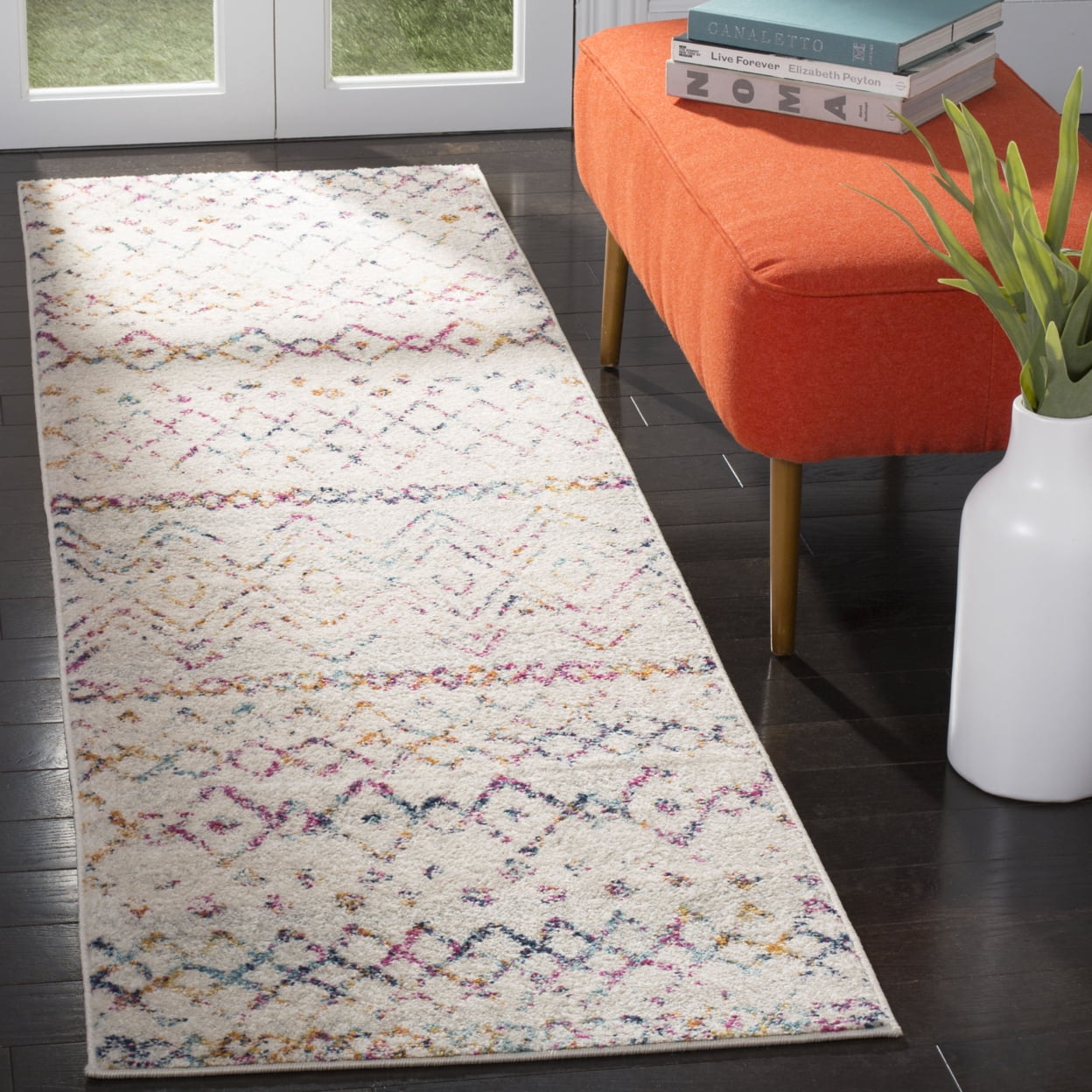 SAFAVIEH Madison Hannah Geometric Area Rug, Ivory/Fuchsia, 5' x 5' Square