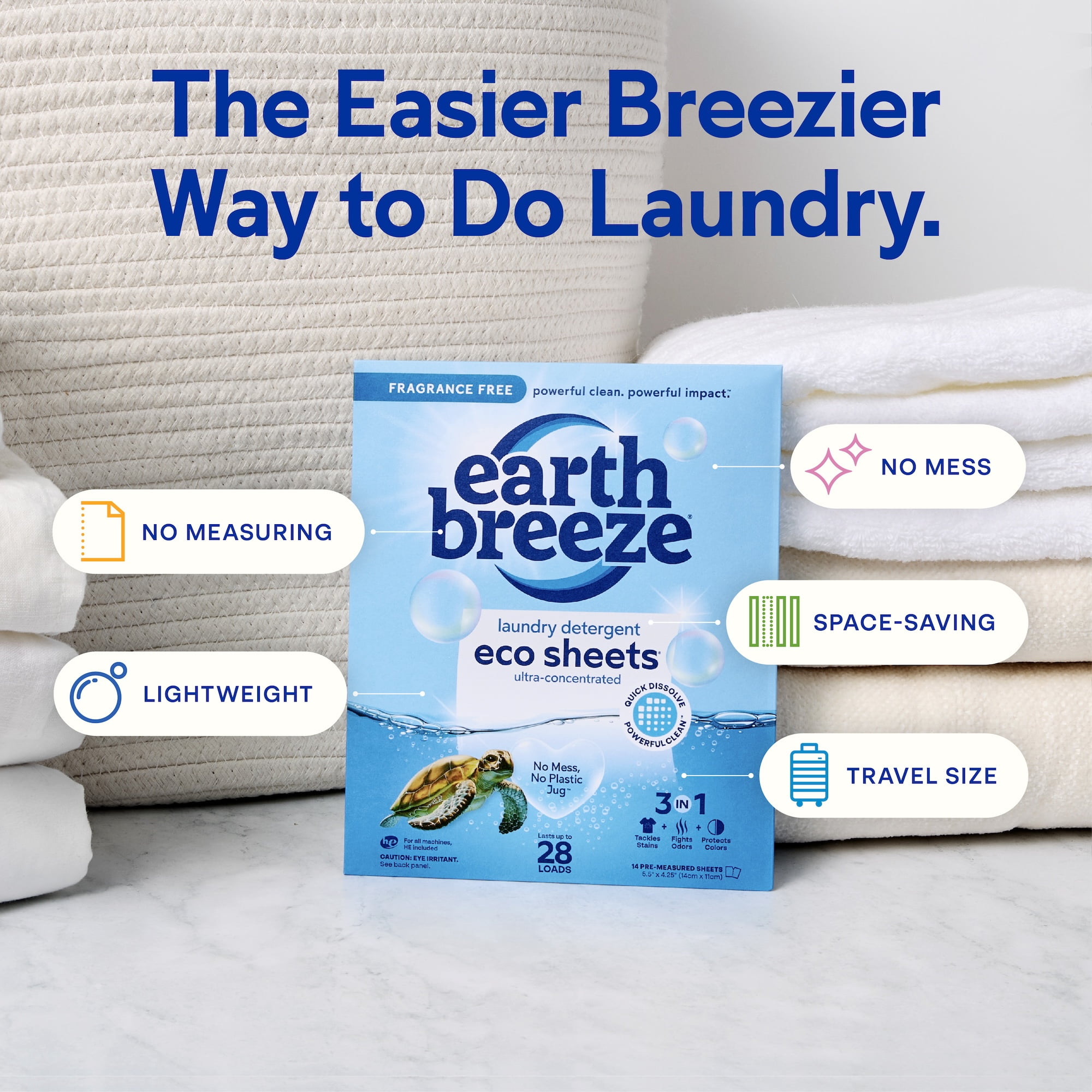 Earth Breeze Laundry Detergent Sheets, Fragrance-Free, Eco Friendly, 14 Count, 28 Loads