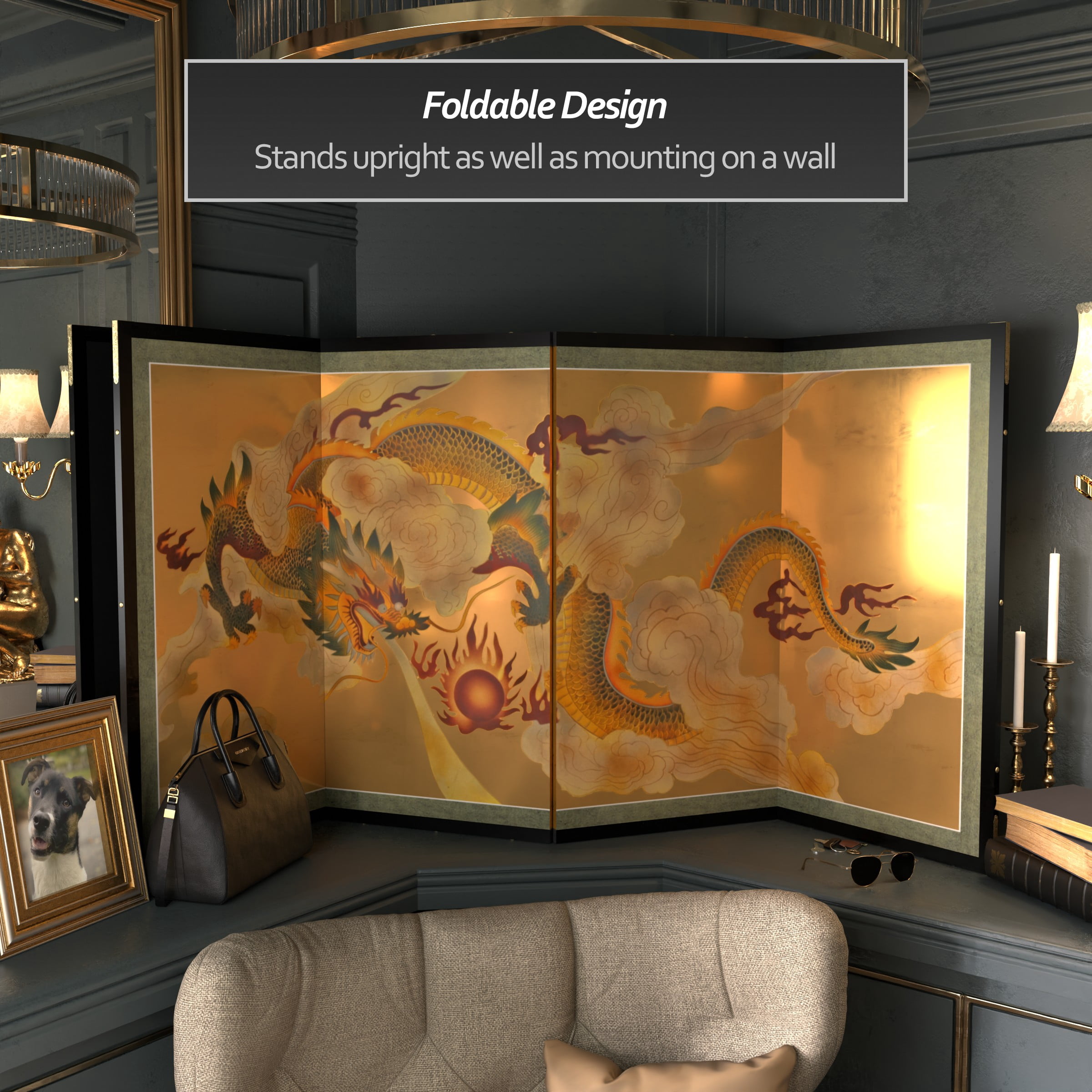 6ft. Long Handpainted Goldleaf Chinese Silk Wall Art Screen - Sky Dragon