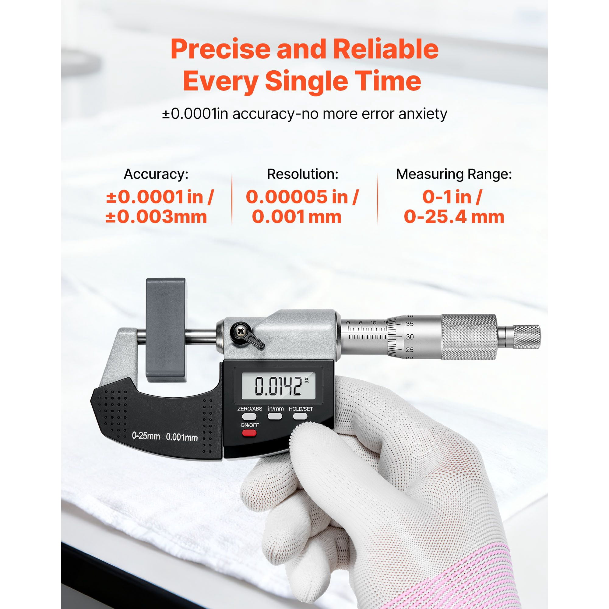 High-Precision Outside Micrometer 0-1" / 0-25.4mm, ±0.0001" Accuracy, Precision Measuring Tool for Engine Parts Fine Components