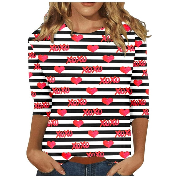 Hot Sale!!Valentines Day Shirts Women Love Heart Graphic Tees Shirt Crew Neck 3/4 Sleeve Tshirt Casual Loose Fit Tunic Tops Women's Three Quarter Sleeve Shirt 3D Printed T Shirt