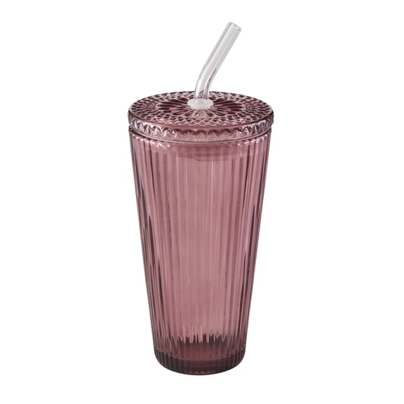 Better Homes & Gardens 21 oz Purple Ribbed Tumbler with Glass Lid and Straw