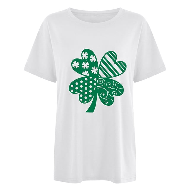 Penkiiy Mode Dames Imprimé Saint-Patrick Manches Courtes Col Rond Chemise Femme Décontractée Ample TG Blanc