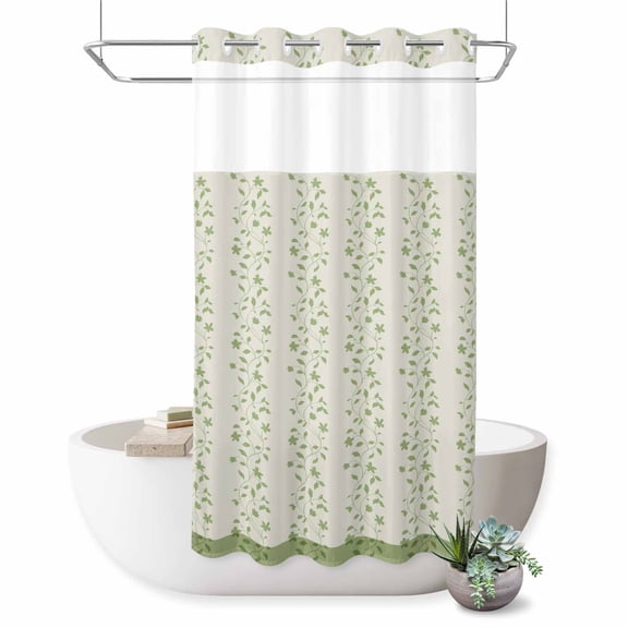 No Hook Shower Curtain, Green Floral Shower Curtains for Bathroom with See Through Top Window, Spring Flowers Waterproof & Washable Bath Curtain Stand Up Stall 36"x72"