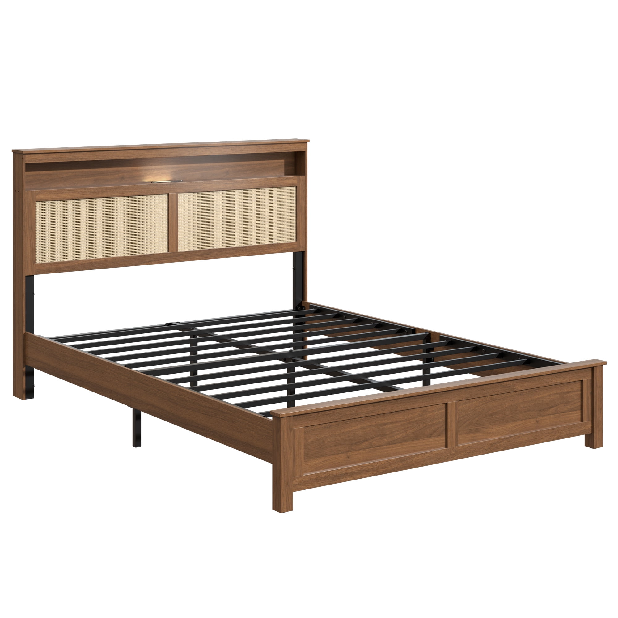 Queen Bed Frame 86.02 Inch, Rattan Headboard with Built In LED Reading Light and Storage Shelf, Modern Farmhouse Platform Bed, No Box Spring Needed, Brown