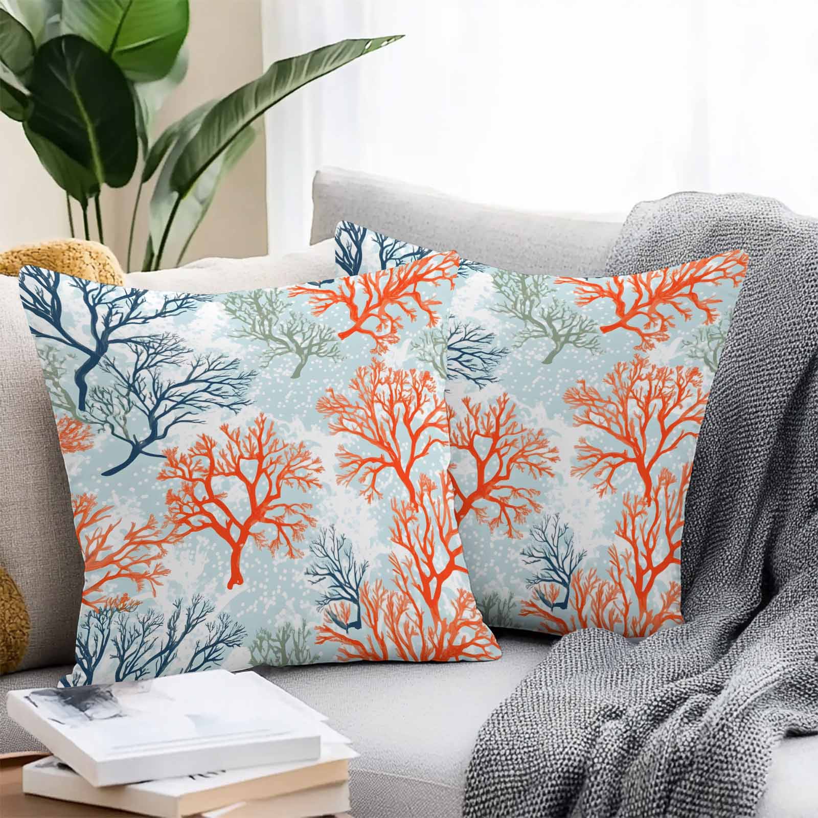 Waterproof Throw Pillow Covers Set of 2, 20x20 Inch Orange-red Coral Decorative Pillowcases Outdoor Pillow Slip Cushion Covers Set for Couch Tent Blue Ocean Coastal Nature Branch Dots