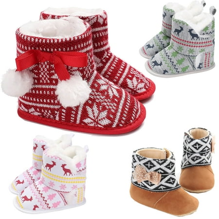 

Infant Toddler Baby Girls Christmas Knit Boots Soft Anti-Slip Sole Warm Winter Snow Booties Prewalker Crib Shoes