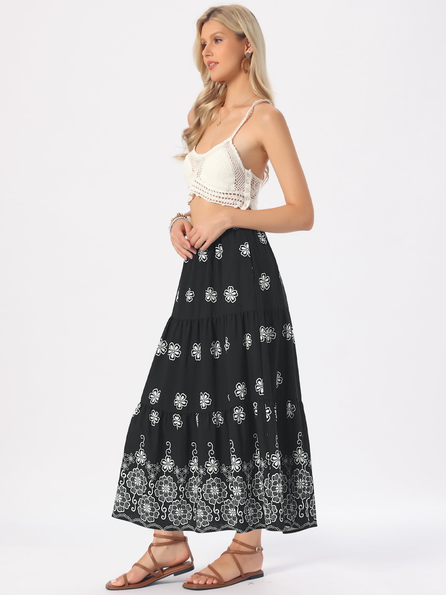 DARING DIVA Women's Layered Ruffle Hem A Line High Waist  Flared Long Skirts XL Black