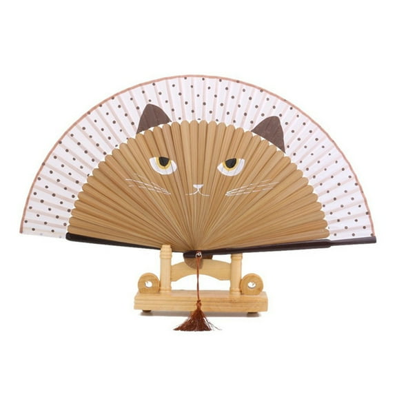 Farfi Vintage Cat Pattern Tassel Dancing Folding Hand Fan Craft Gift Home Decoration (Apricot)