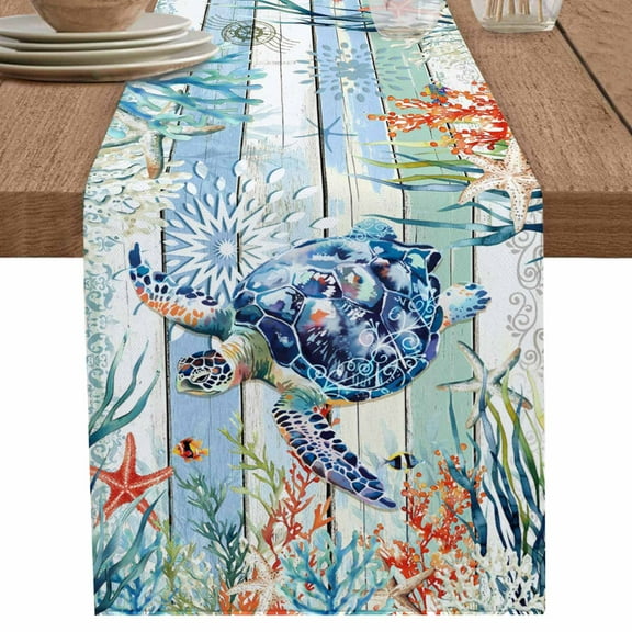 nqOlkjepod Sea Turtle Ocean Table Runner 36 Inches Long Farmhouse Dress Scarves, Summer Beach Coastal Coral Wooden Dining Tablerunner for Coffee Table/Kitchen Island/Party Décor, Small 13" x 36"