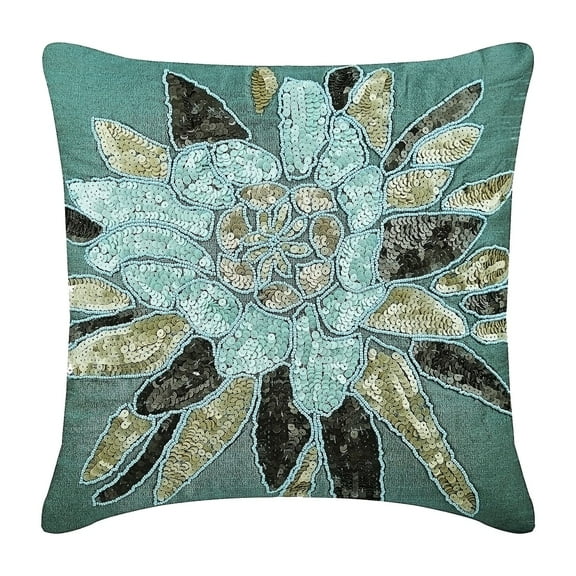 Blue Throw Pillow Cover Couch, Sequins Beaded Flower Medallion Floral Theme Pillow Cover, 18x18 inch (45x45 cm) Pillow Cover, Square Silk Throw Pillow Cover, Floral - Centerpiece
