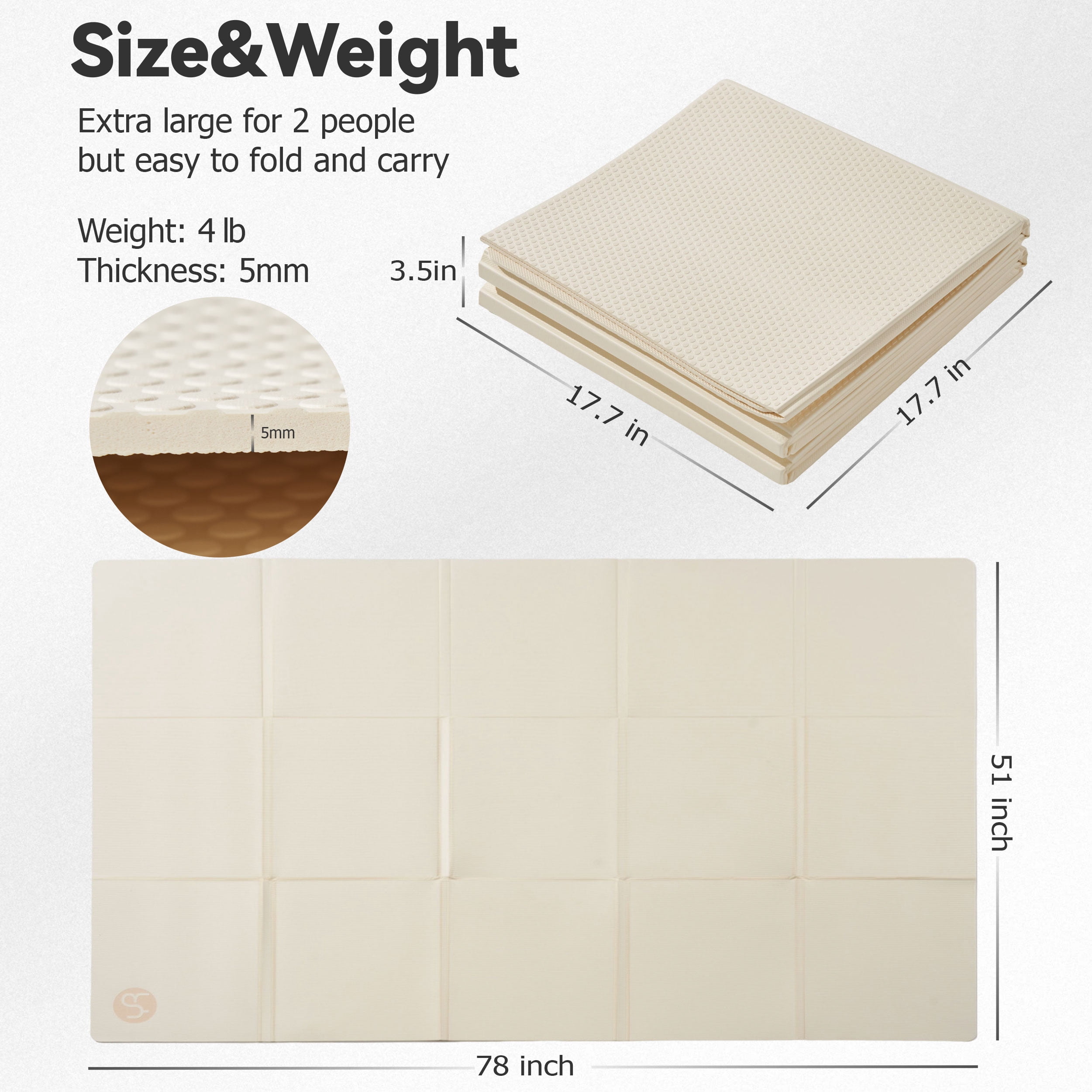 YR Foldable Yoga Mat Large 78"x51" 5mm Thick TPE Folding Fitness Mat for Home and Travel Workouts, White