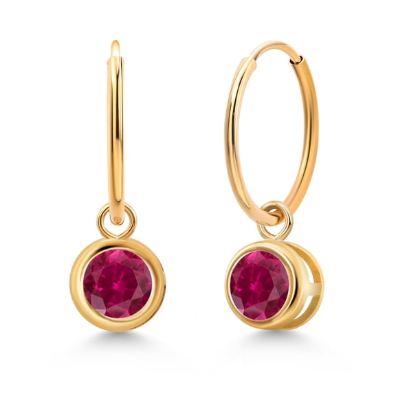 Gem Stone King 14K Yellow Gold Red Created Ruby Dangle Earrings for Women (1.20 Cttw, Gemstone July Birthstone, Round 5MM, Bezel Setting)